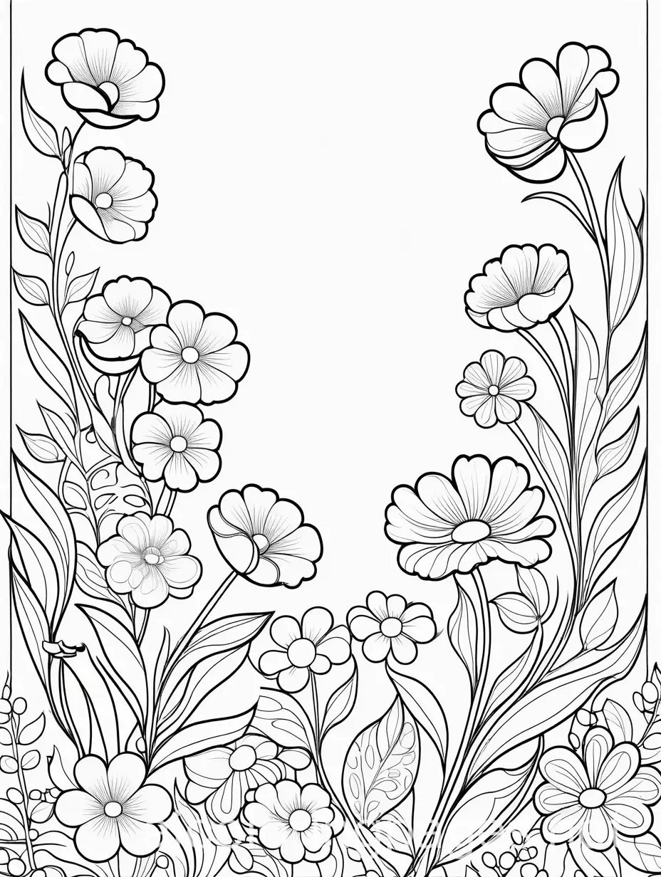 flowers, Coloring Page, black and white, line art, white background, Simplicity, Ample White Space. The background of the coloring page is plain white to make it easy for young children to color within the lines. The outlines of all the subjects are easy to distinguish, making it simple for kids to color without too much difficulty