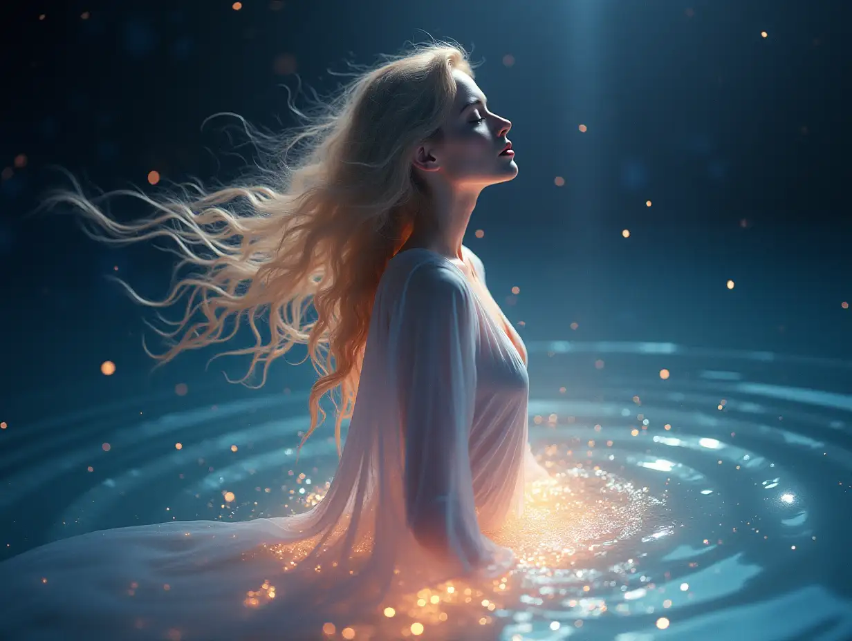 Design an ethereal, serene scene for a cover image representing 'Rivers of Belief'. Picture a woman with flowing, luminous blonde hair, her expression serene and introspective, standing or floating in a cosmic river. This river should be made of starlight or glowing, translucent water, symbolizing the journey of belief. Around her, incorporate elements of worldbeat and new-age aesthetics: soft, ambient light, and geometric patterns that seem to flow with the river, suggesting the flow of thoughts or consciousness. The background is a vast, dark, ambient space, with hints of nebulae, stars, or floating, ethereal flora, creating a sense of infinity and transcendence. Use a color palette rich in deep blues, purples, with subtle hints of gold or silver to evoke mystery, calm, and the mystical journey of belief. Ensure the image captures an experimental feel, where the human form and the river merge, symbolizing the unity of body, mind, and spirit in the exploration of belief