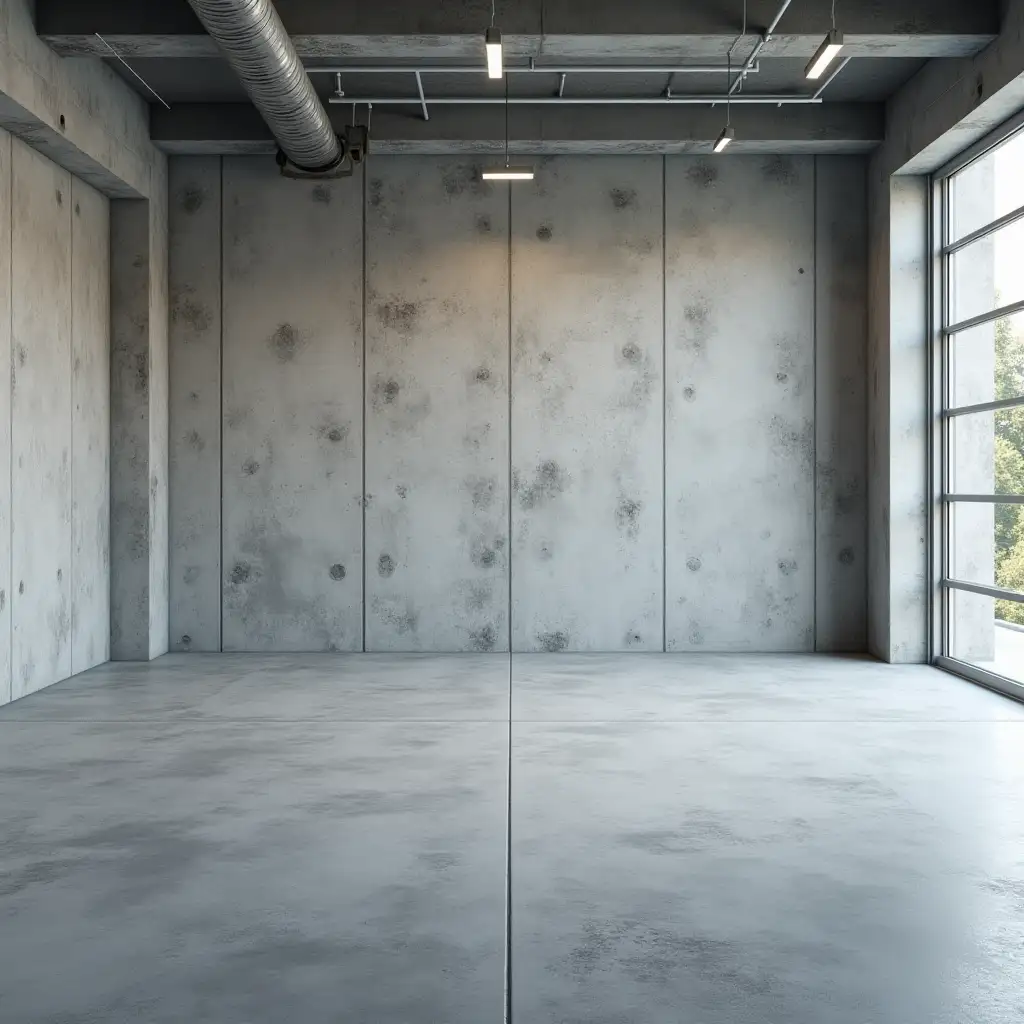 A photorealistic image of a large, flat, empty concrete floor taking up most of the bottom of the image, with a concrete wall, Ford garage