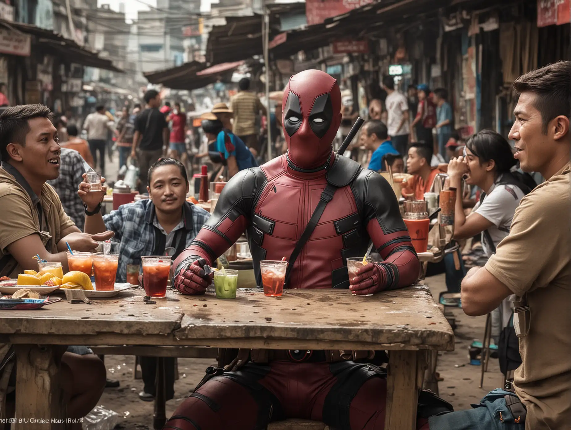 Deadpool Having a Drink with Street Vendors in Tondo Mania