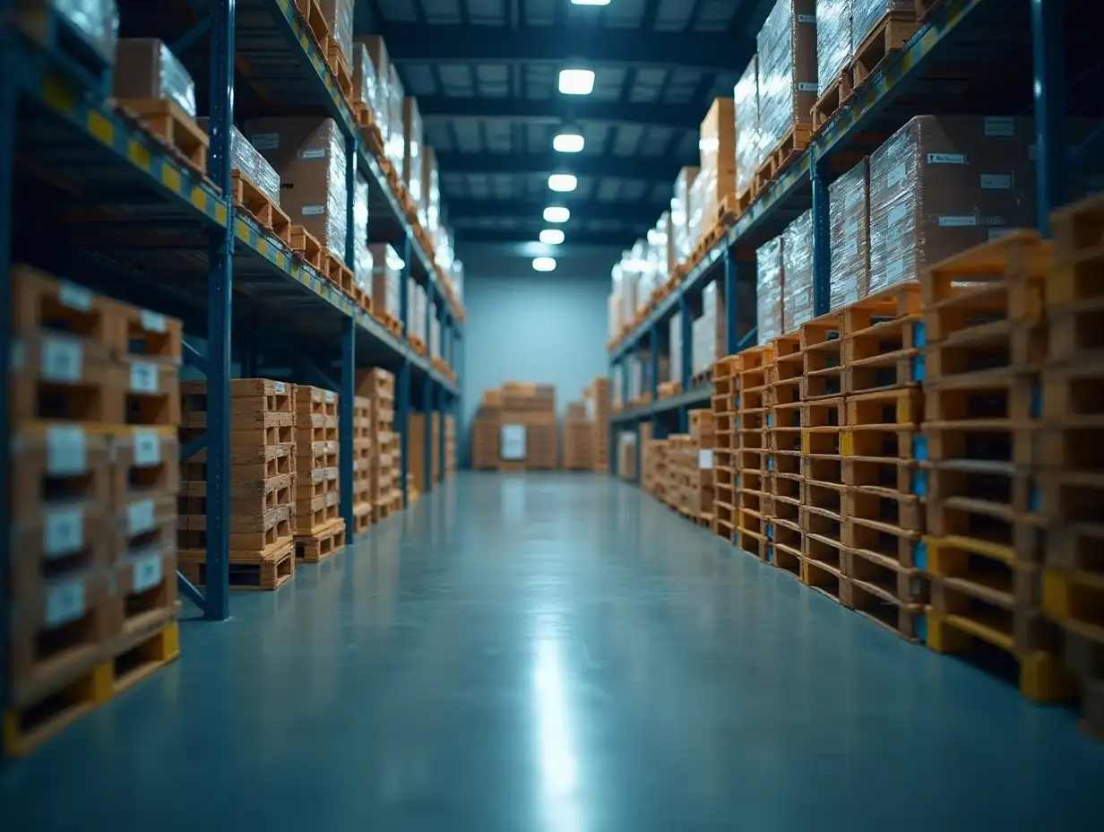 Professional photograph of a warehouse interior with pallets stacked neatly. The warehouse has a clean and modern design with polished floors reflecting the lights from the ceiling. The pallets are organized in rows, and there is a sense of depth in the image, showcasing the size and scale of the space. The color scheme includes cool tones with hints of yellow and warm lighting to give a professional and slightly industrial feel. The overall atmosphere is organized and efficient, capturing the essence of a well-maintained logistics facility.