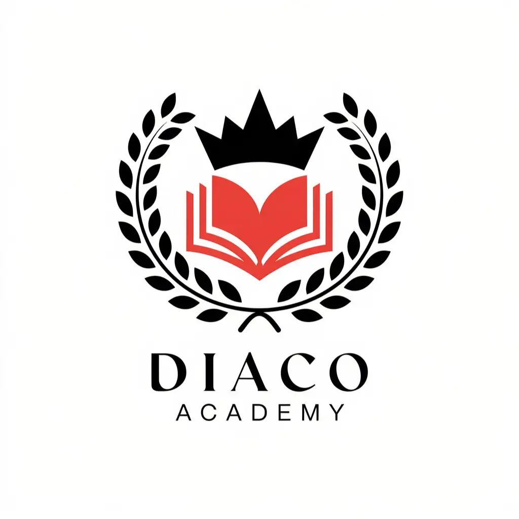 LOGO-Design-For-Diaco-Academy-Red-Black-with-Book-and-Crown-Symbol