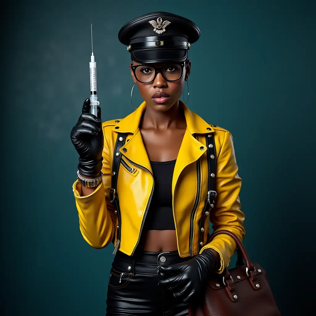 Angry-African-Woman-in-Yellow-Leather-Motorcycle-Jacket-Holding-Injection-Needle