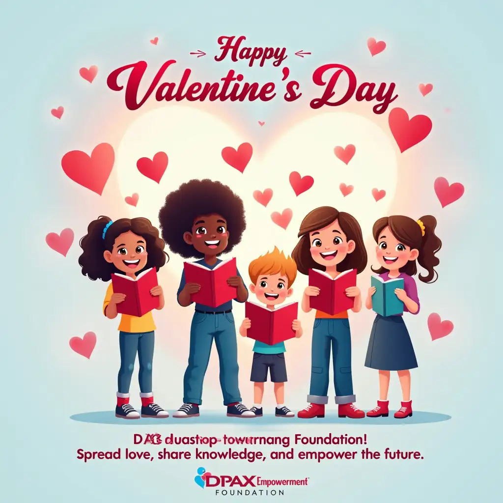 A beautiful and professional Valentine's Day graphic for DPAX Empowerment Foundation. The design should feature cheerful children holding heart-shaped books, symbolizing love and knowledge. The background should include subtle Valentine’s elements such as hearts and soft glowing lights while maintaining a sleek and polished look. The primary brand color, **light blue**, should be integrated into the design for consistency. The text should include a warm message: 'Happy Valentine's Day from DPAX Empowerment Foundation! Spread love, share knowledge, and empower the future.'