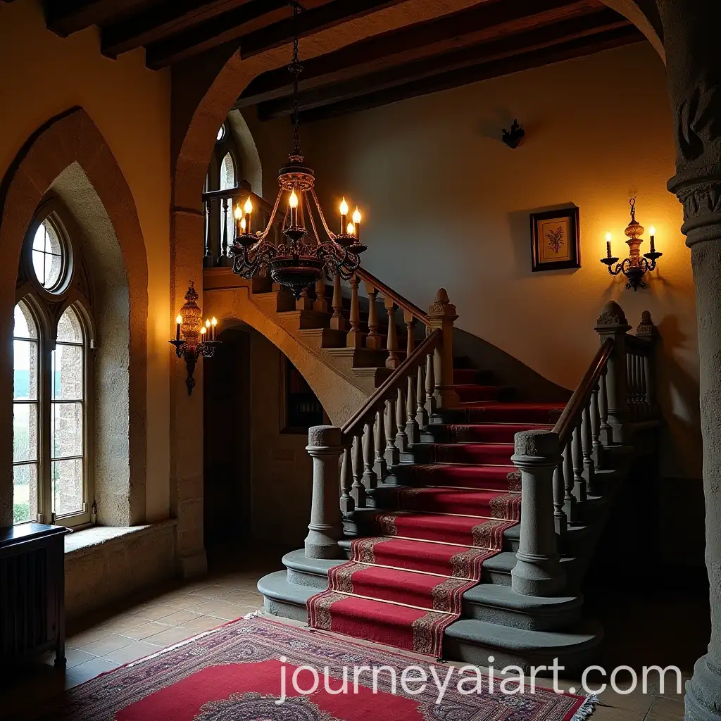 Medieval-Castle-Interior-with-Staircase-and-Chandeliers