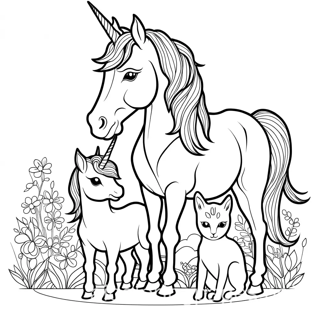Mother-Unicorn-with-Baby-Unicorn-and-Cat-Coloring-Page