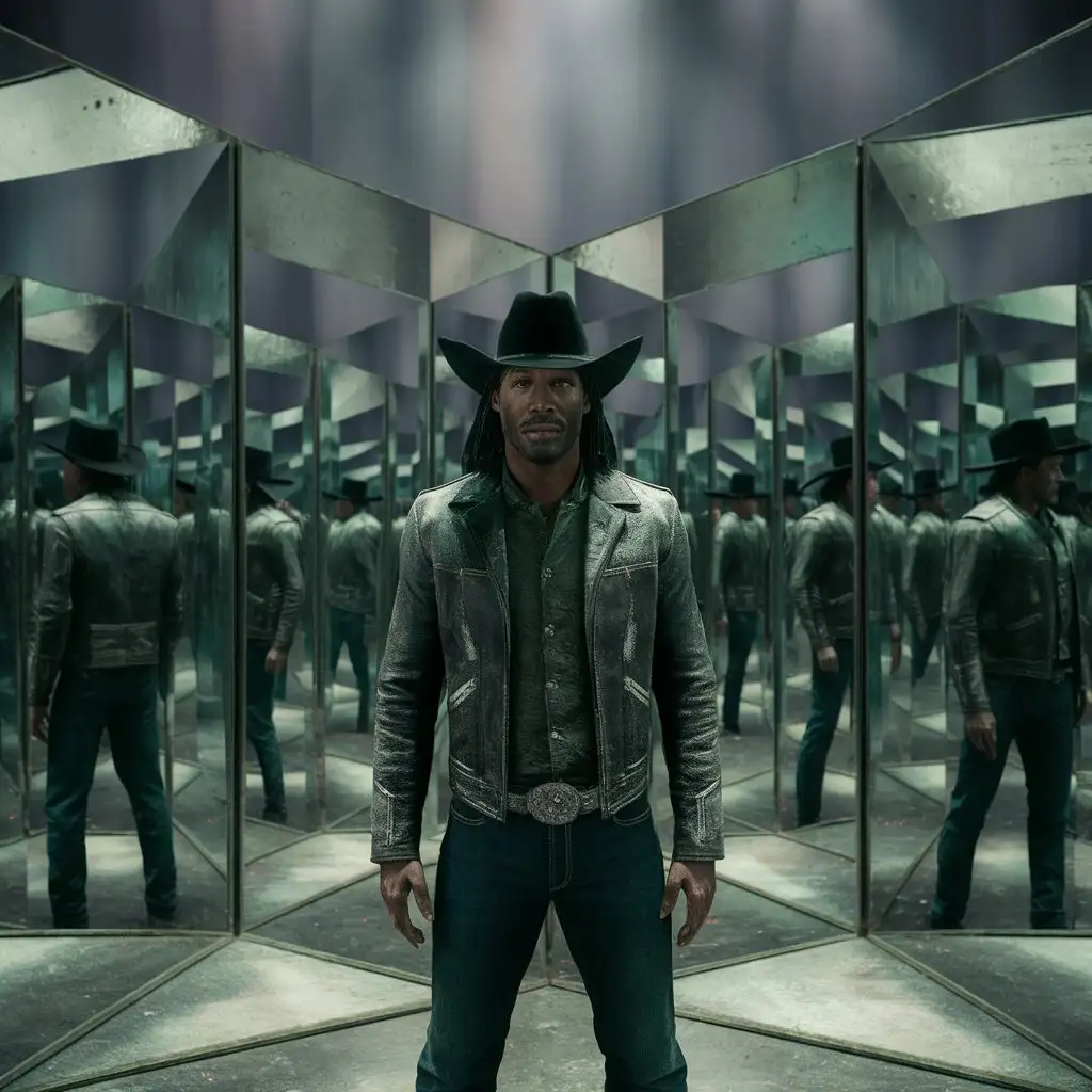 Black Cowboy Man in Mirror Maze with Infinite Reflections