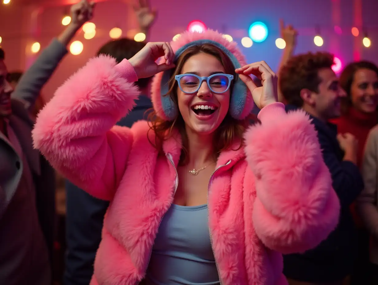 Joyful-Young-Woman-Dancing-in-Pink-Fluffy-Bomber-Jacket-and-Colored-Glasses-at-Party