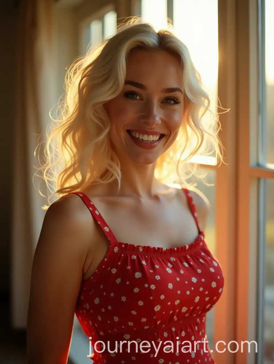 Happy-Housewife-in-Red-Floral-Sundress-by-Bay-Window-at-Golden-Hour