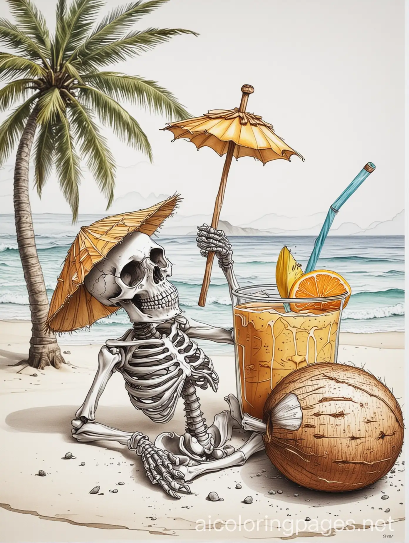 Skeleton-Drinking-Coconut-Cocktail-on-Ocean-Vacation-Coloring-Page