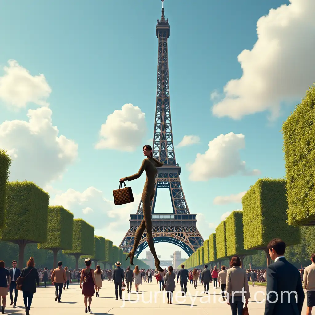 Surreal-Scene-of-a-Giant-Eiffel-Tower-Strolling-with-a-Louis-Vuitton-Handbag-in-Paris