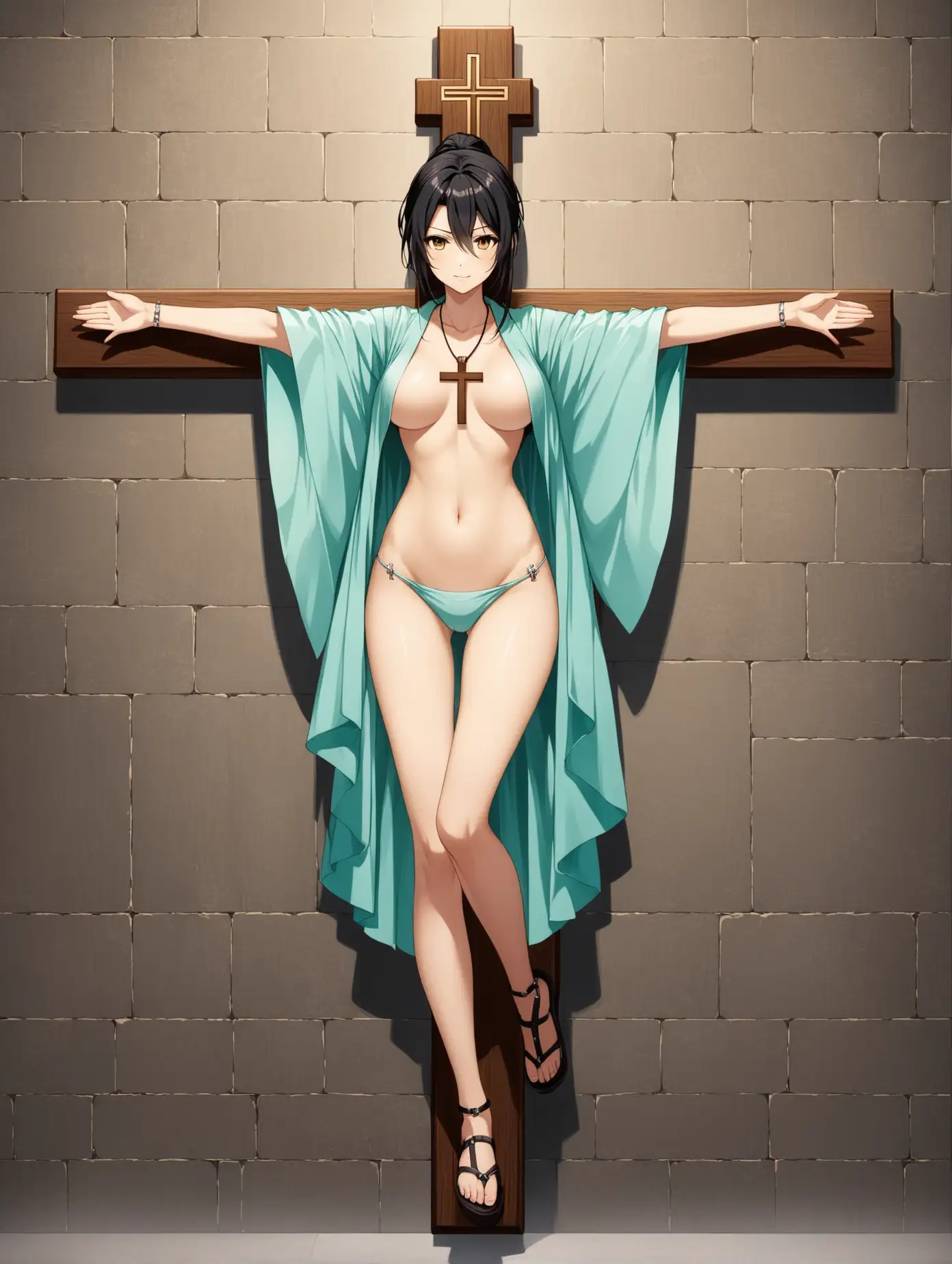 Japanese female, sakuya shirase, young woman, tall body, black hair, ponytail hairstyle, dark yellow eyes, bared, vital, vitruvian woman, full body, the cross pose, outstretched arms, hanging cross wall plaque, cross necklace