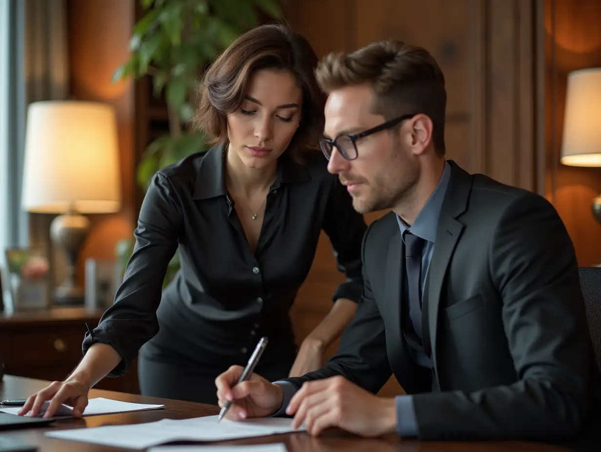 8K, RAW photo, top quality, masterpiece:1.3),(realistic, photo-realistic:1.37 beautiful young woman a short brown hair, medium breasts, slim figure, medium hips, black mini pencil skirt, shiny silk blouse with buttons and long sleeves , She with her male colleague is in the BOSS-office , the boss is sitting at a table, looking through documents while she stands next leaning FORWARD to him 