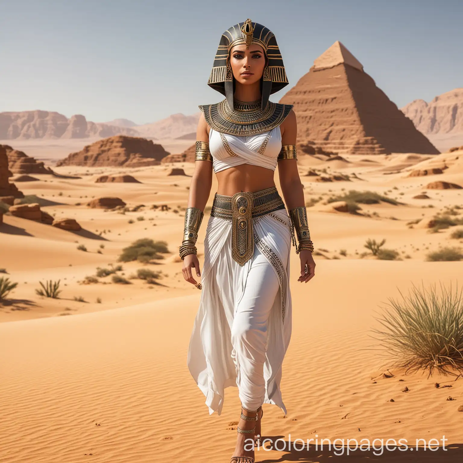 Majestic-Egyptian-Woman-in-Pharaoh-Clothing-Walking-Through-a-Hyperrealistic-Desert