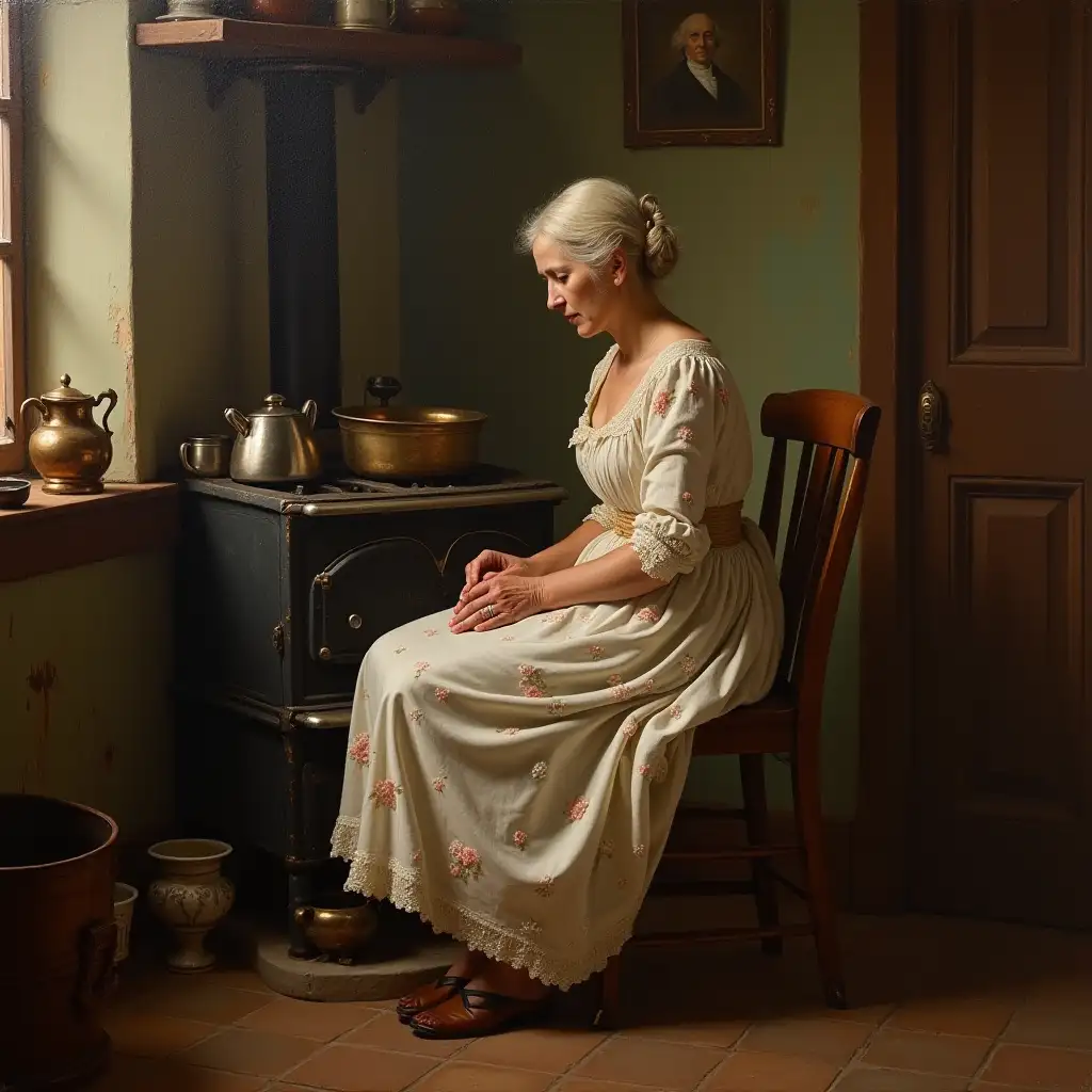 Oil on canvas, woman in a cotton dress, working in a kitchen, 1800 century style, old woman sitting on a chair, flower dress, old stove in the corner