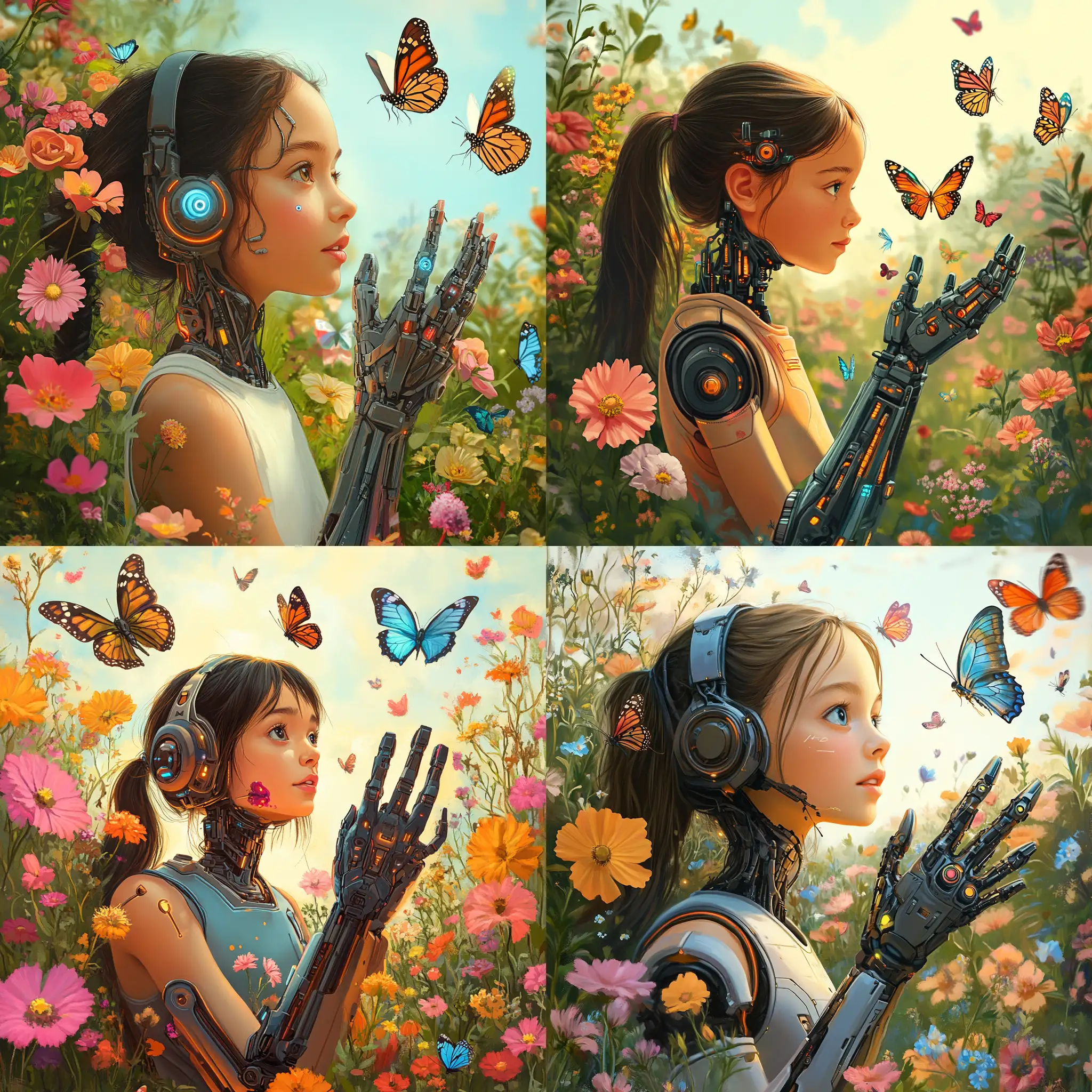 14YearOld-Girl-with-Robotic-Hands-Surrounded-by-Vibrant-Flowers-and-Colorful-Butterflies