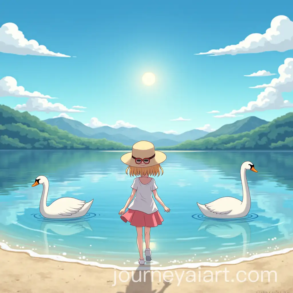 Girl-Wearing-Hat-and-Glasses-Enjoying-a-Day-at-the-Lake-with-Swans-and-Sunlight