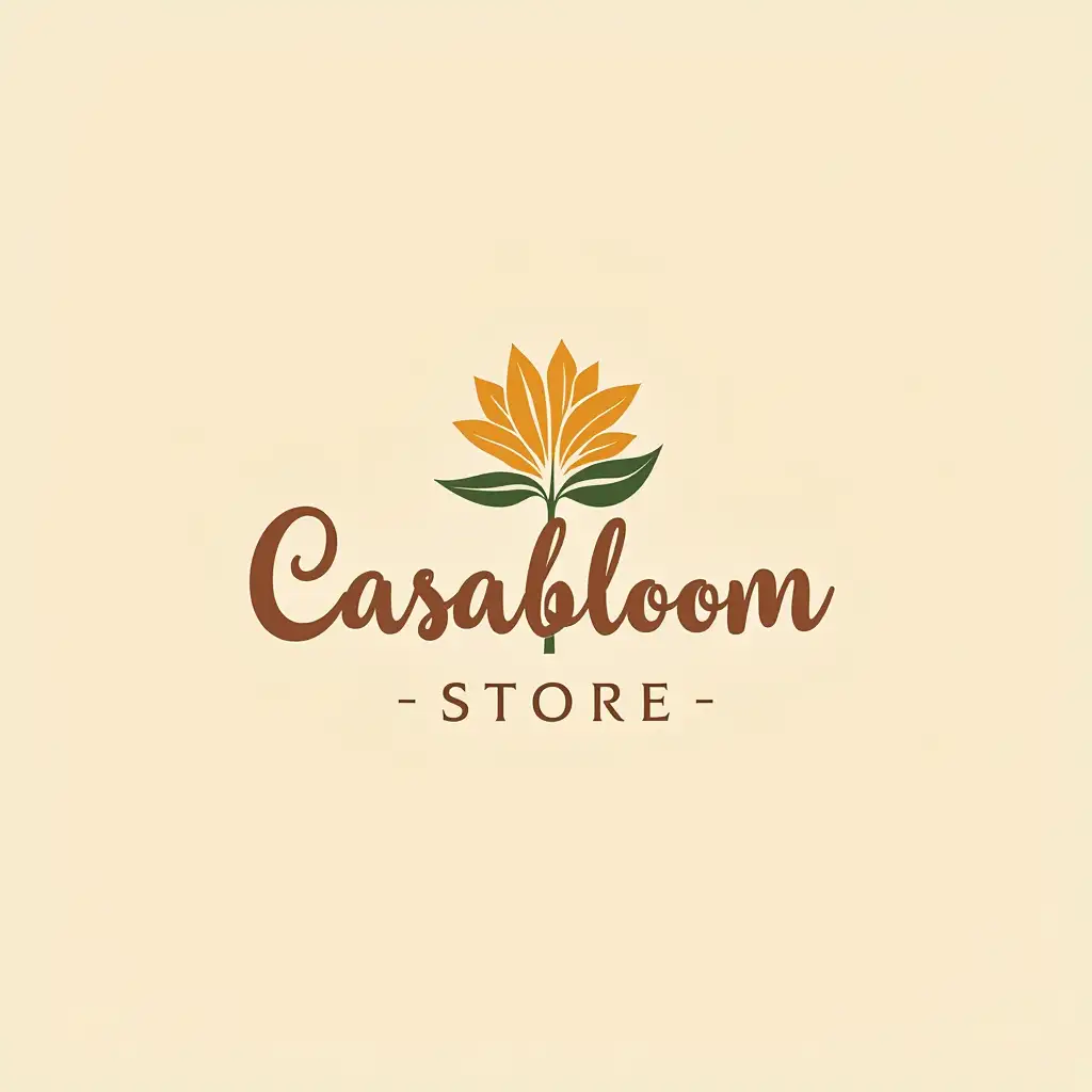 Design a logo for Casabloom.store that captures the essence of a warm, welcoming home—a place of comfort and love. Imagine the feeling of being embraced by the soft glow of a cozy space, filled with comforting touches of nature. The logo should evoke a sense of belonging, like stepping into a space where everything feels just right. Use warm, inviting colors like soft oranges, earthy tones, and gentle greens. Incorporate elements such as a glowing hearth, a door opening to warmth, or subtle floral patterns to hint at the connection between home and nature. The design should convey a sense of peace and security, inviting customers to make their home bloom with beauty, warmth, and a touch of nostalgia. Keep the style simple, elegant, and heartwarming—like a hug that makes you feel at home.