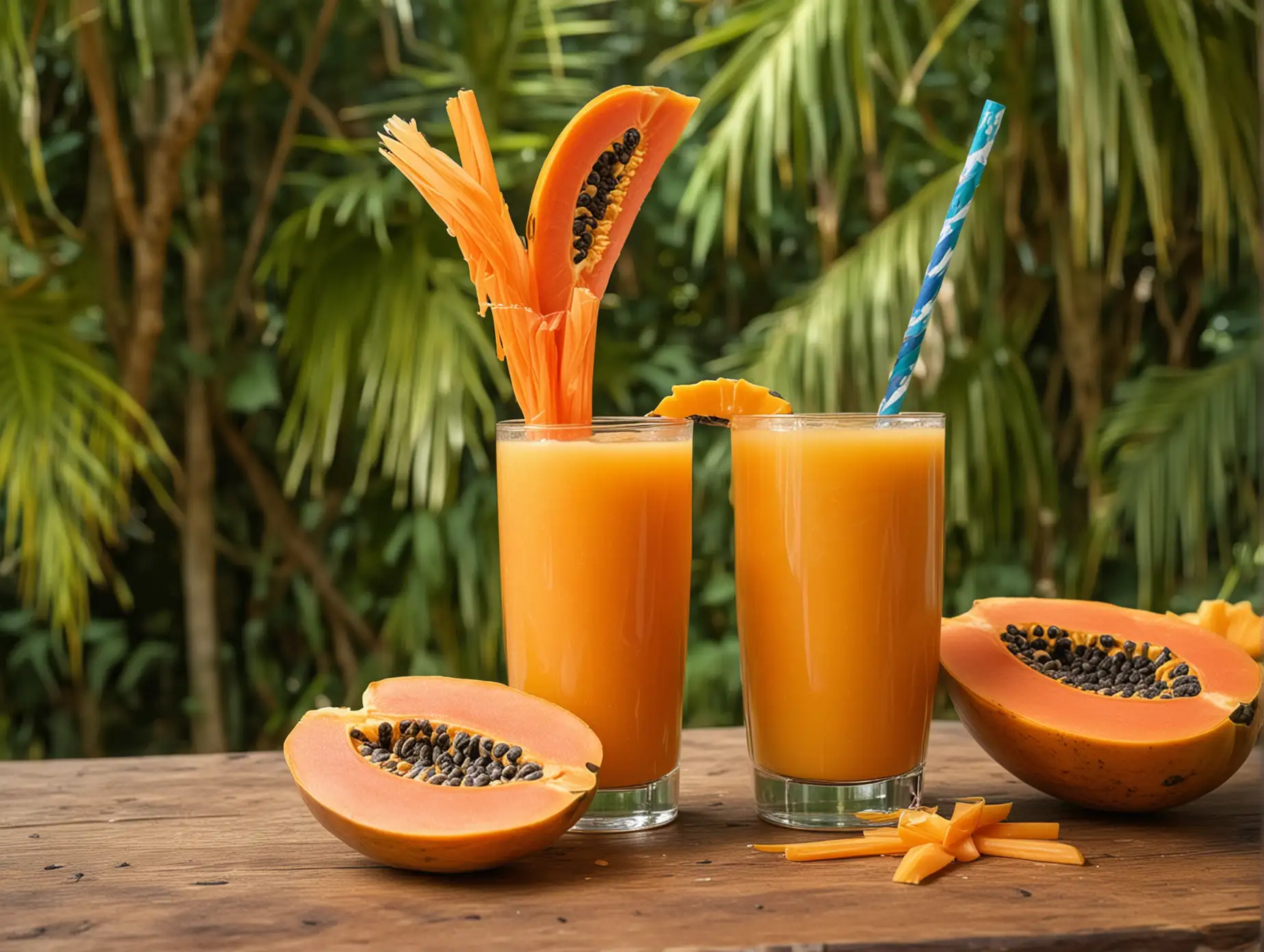 A tall glass of fresh papaya juice garnished with a papaya slice and a colorful straw, set against a tropical backdrop.