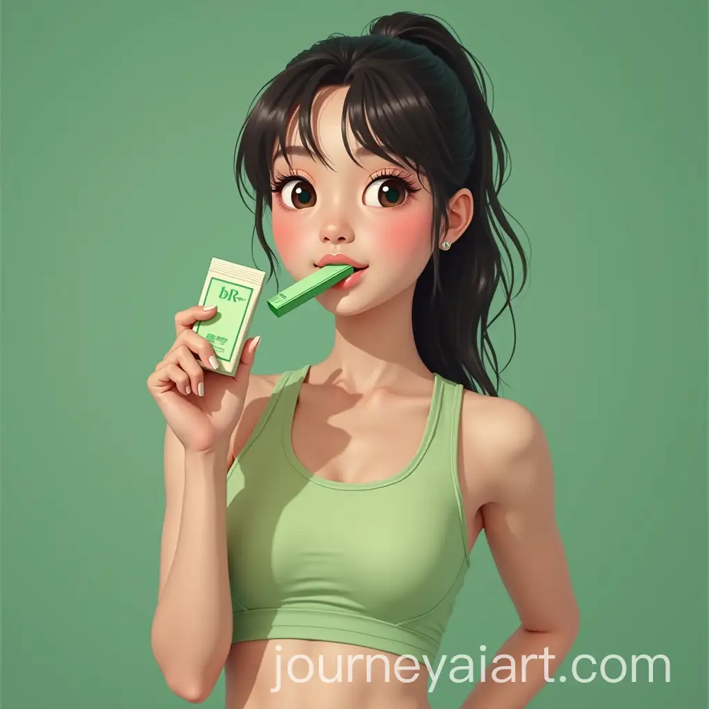 Asian-Girl-in-Fitness-Clothing-Holding-Green-Chewing-Gum