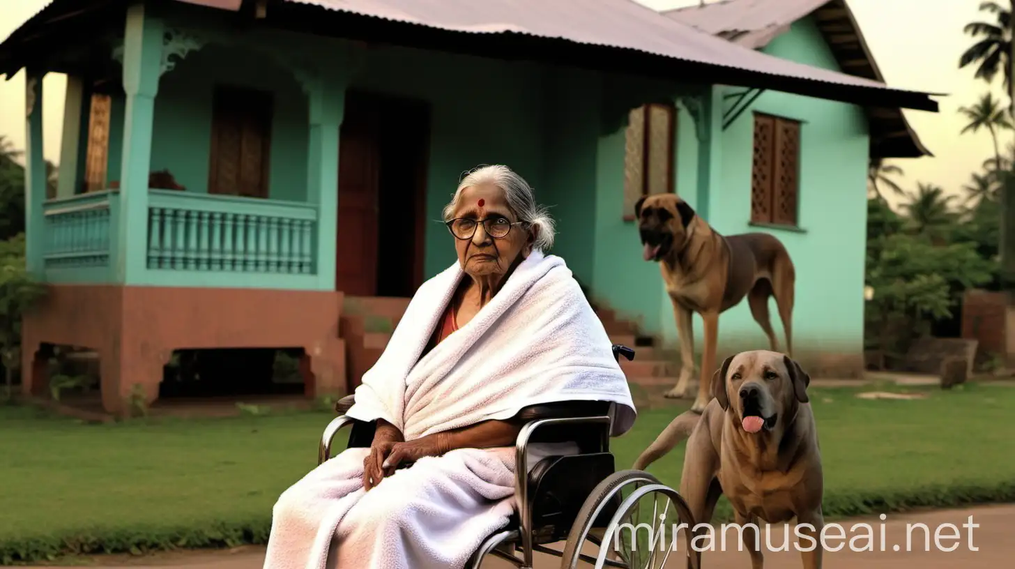 Elderly Indian Woman in Evening by Old Bungalow with Dog