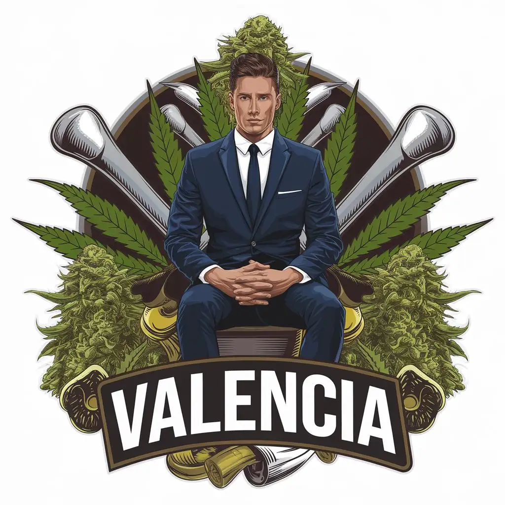 a vector logo design,with the text "valencia", main symbol:handsome and attractive guy dressed in a good suit sitting on a narcolancha and surrounded by joints, marijuana and Moroccan hashish,complex,be used in Retail industry,clear background