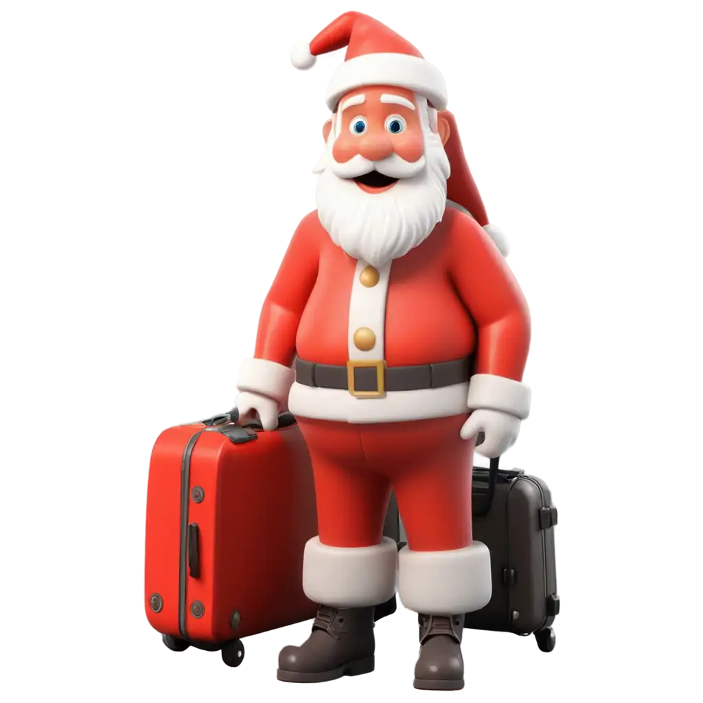 Santa clause with travel bag and ready for a trip, 3d