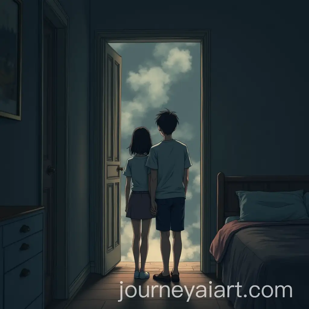 Couple-Watching-Smoke-Fill-Hallway-from-Bedroom-in-Manga-Style