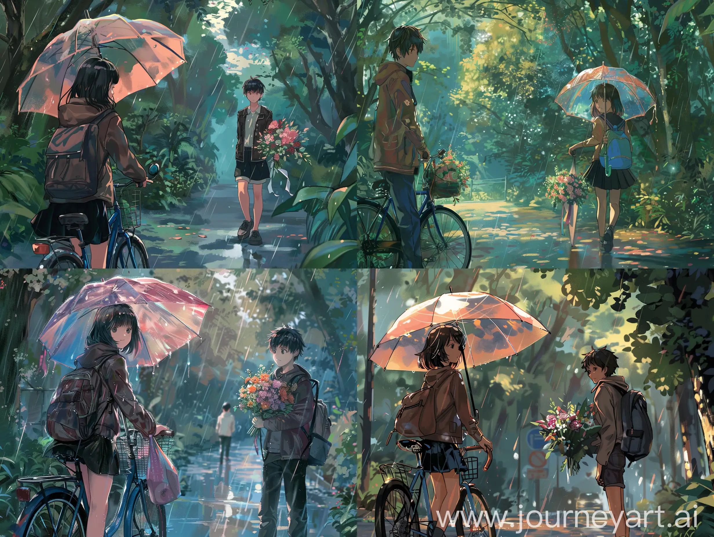 Girl-Riding-Blue-Bicycle-in-Rainy-Forest-with-Transparent-Pink-Umbrella-and-Boy-Holding-Flowers