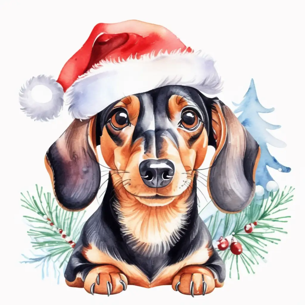 Cheerful Dachshund in Santa Hat Against Watercolor Christmas Background