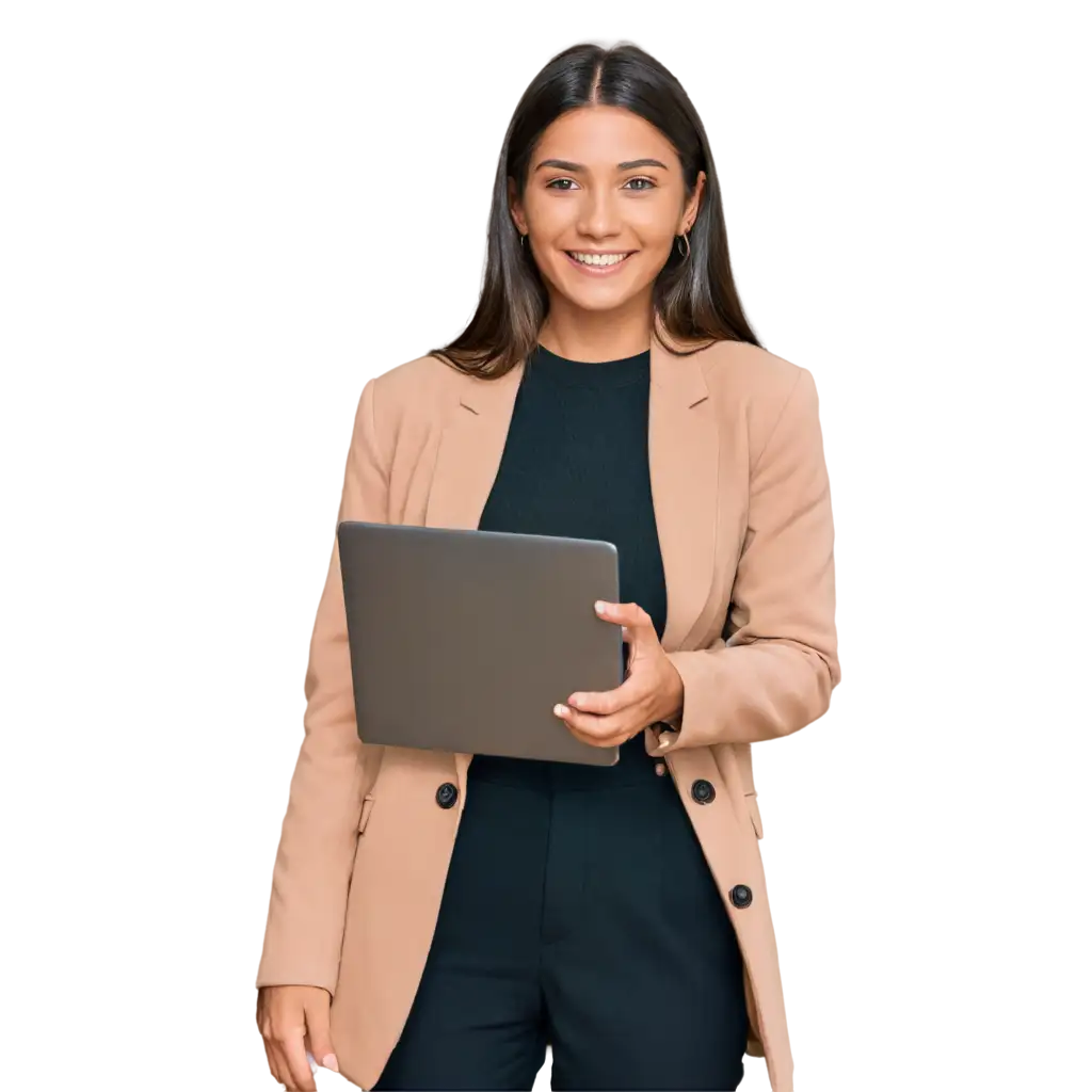 Corporate woman looking happily at the camera holding a laptop