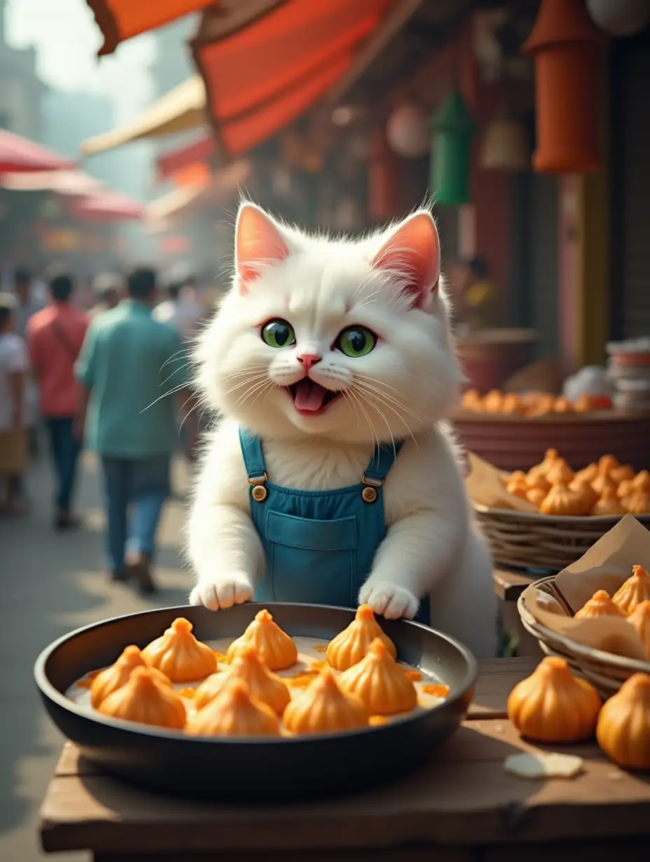 A hardworking fluffy white cat with green eyes, wearing a blue apron, stands behind a wooden food stall. The cat looks happy, flipping hot samosas in a frying pan. The background is a lively street market with blurred human and animal customers. Camera Angle: Mid-range shot, slightly tilted angle.