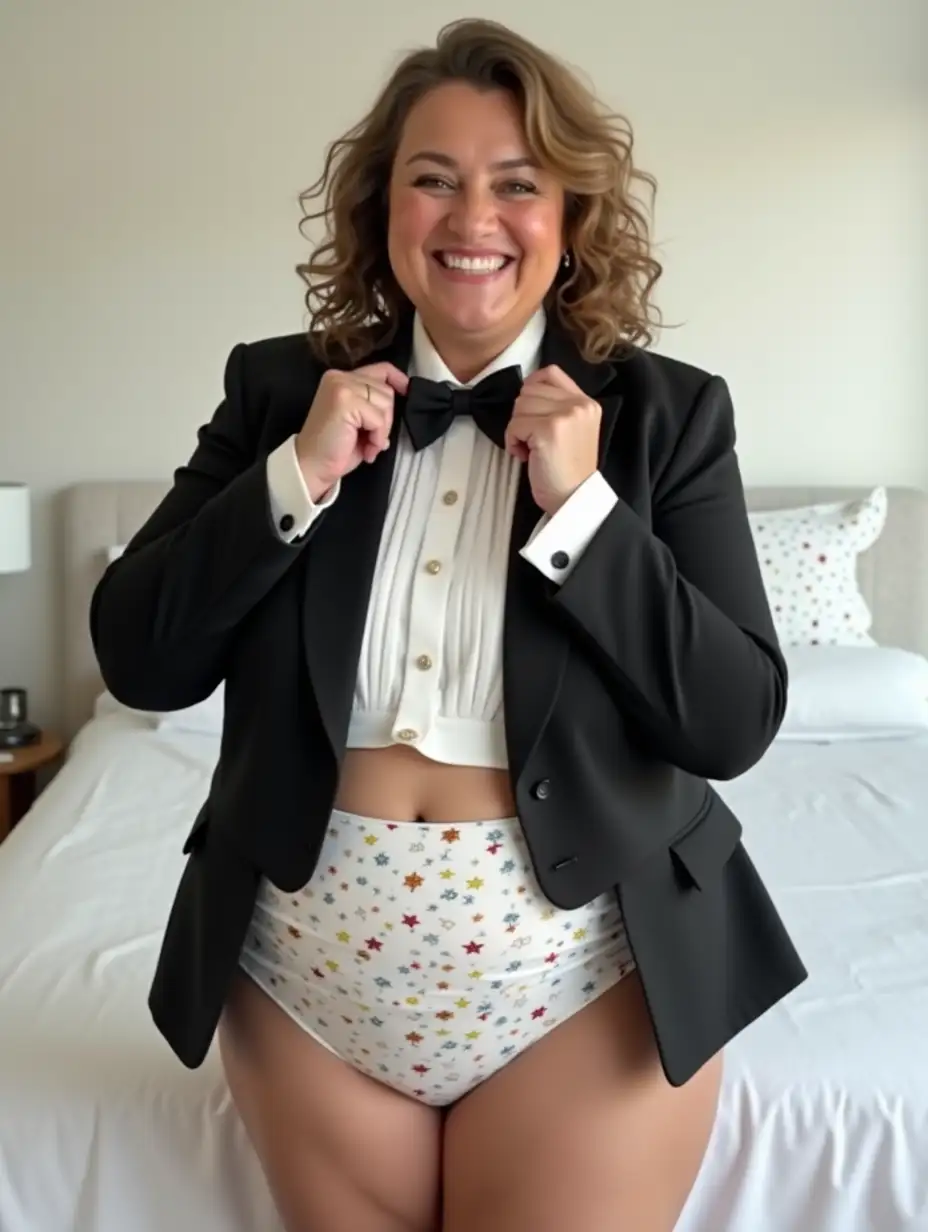 PlusSize-Woman-in-Formal-Orchestra-Tuxedo-in-White-Bedroom