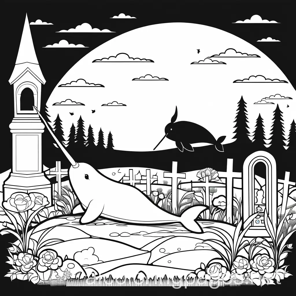 Narwhal-Digging-a-Grave-in-a-Cemetery-Coloring-Page