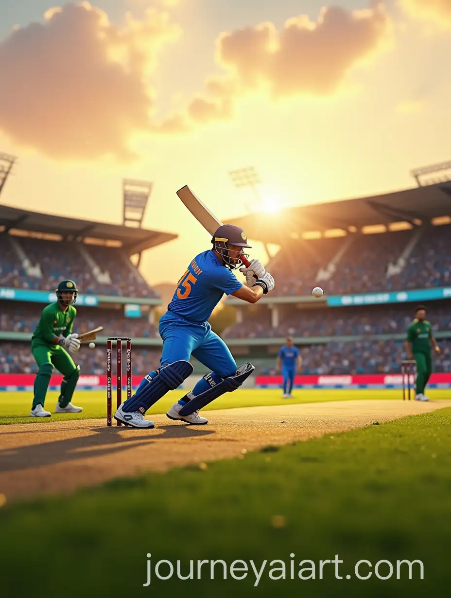 ActionPacked-Cricket-Match-at-Sunset-in-a-Packed-Stadium