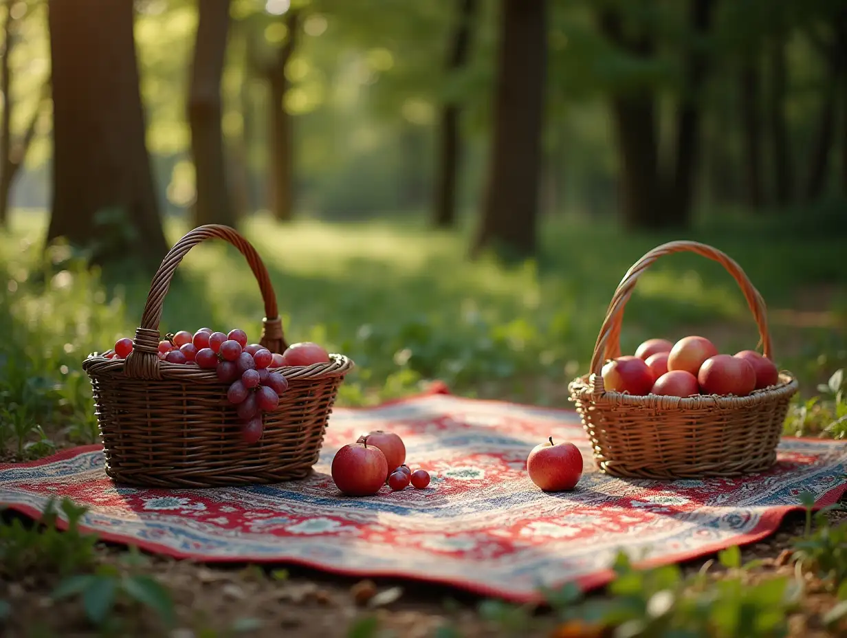 A carpet spread on the ground next to a forest with a grape basket and a basket of apples on it