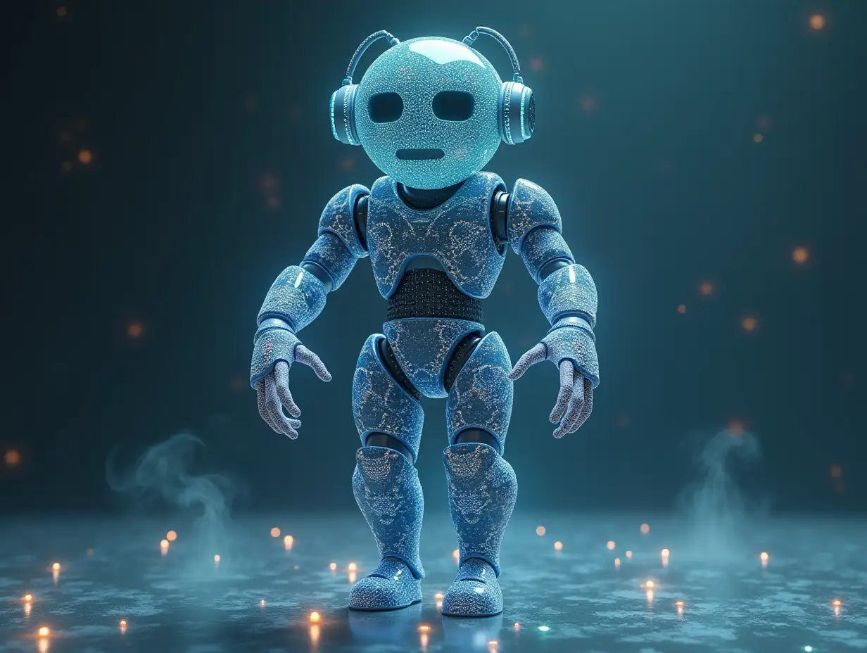 Create a high-resolution, realistic image of artificial intelligence (humanoid mixed Fractals patterns, two meters tall,with beautiful large glass balls in hand,headphones,arms and legs on the ground in 4k resolution