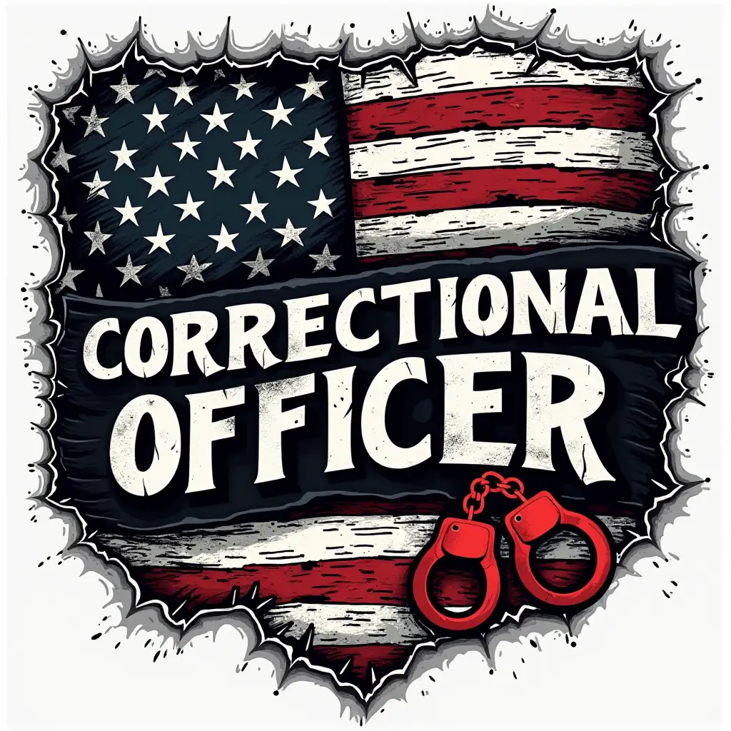 A bold, patriotic design featuring a distressed American flag with a rugged metal texture. The center showcases a black-and-white flag with the words 'Correctional Officer' in strong, bold letters. A red handcuff icon is incorporated into the design, symbolizing law enforcement. The background has a ripped metal effect, revealing the American flag beneath. Vector illustration, hand drawn