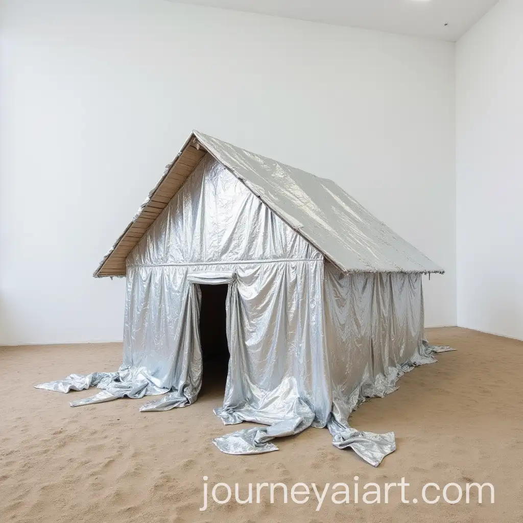 SilverPlastic-Covered-House-in-Art-Installation-with-Sandy-Floor