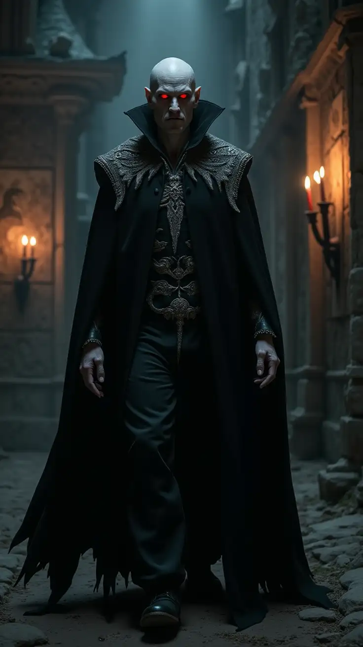 An imposing figure with pallid, almost translucent skin and glowing red eyes, cloaked in a flowing black cape with intricate silver embroidery. Sharp fangs glint as he steps from the shadows, his expression a mix of hunger and cold indifference. Setting: A dark, decaying castle lit by flickering torches, the walls lined with portraits of previous victims, creating a foreboding and sinister atmosphere.