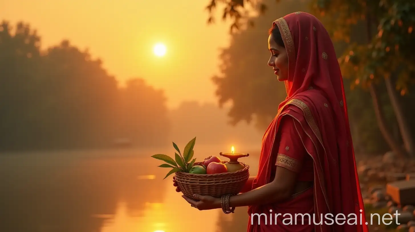 Indian Woman in Red Saree Praying to the Sun at Riverbank During Puja