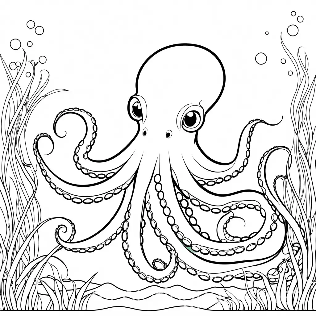 Octopus underwater, Coloring Page, black and white, line art, white background, Simplicity, Ample White Space. The background of the coloring page is plain white to make it easy for young children to color within the lines. The outlines of all the subjects are easy to distinguish, making it simple for kids to color without too much difficulty