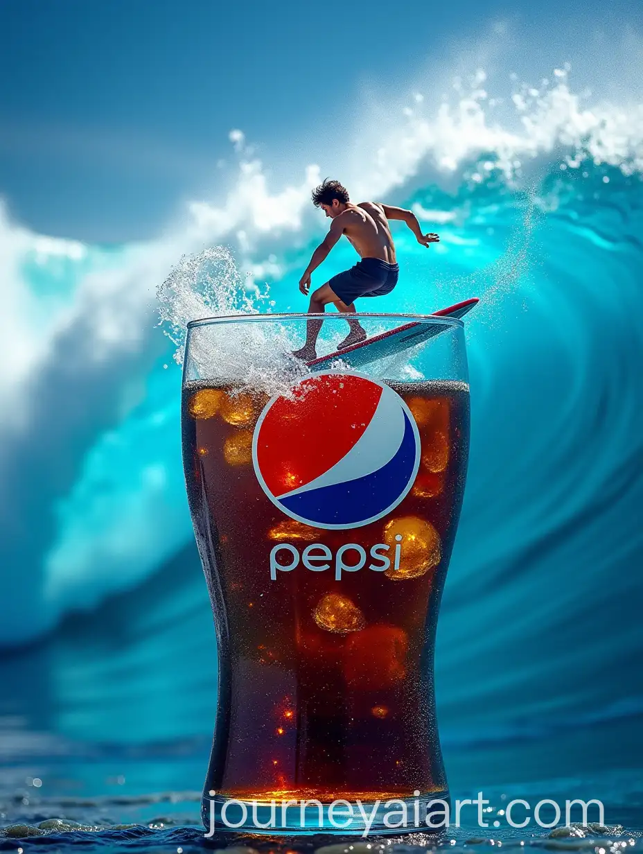 Surfer-Riding-a-Huge-Brown-Pepsi-Cola-WaveAI-Image-Prompt-Expansion-in-a-Blue-Glass
