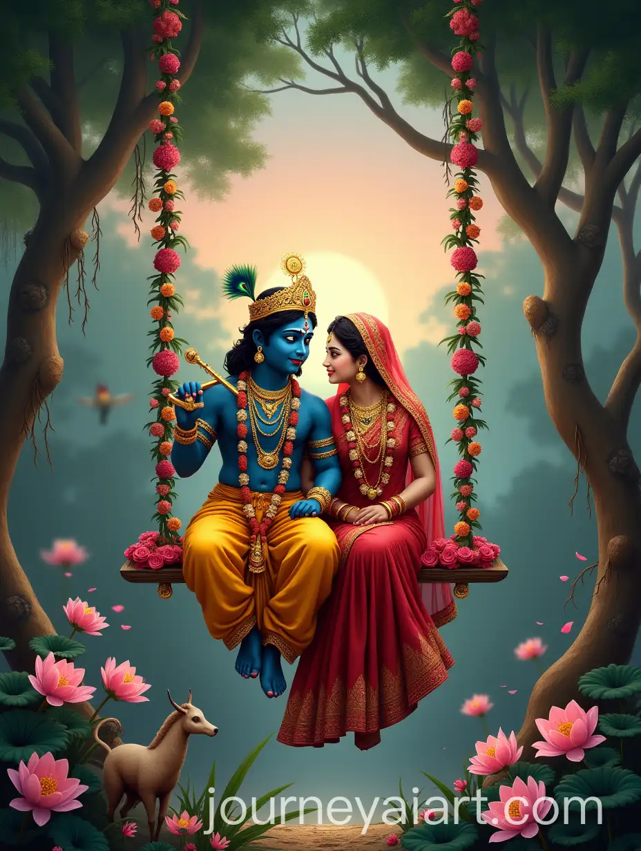 Krishna-and-Radha-in-Divine-Swing-in-Lush-Vrindavan-Forest