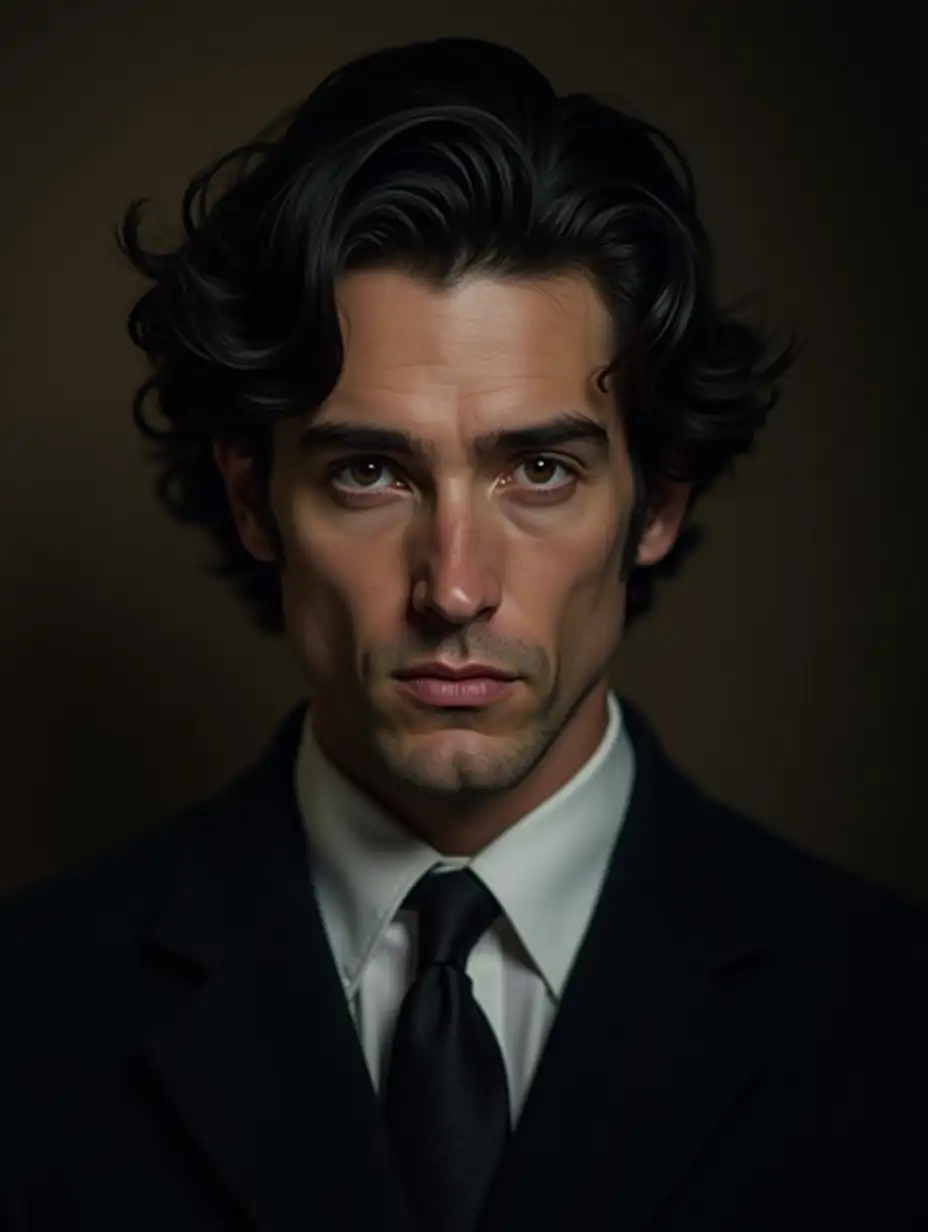 A formal portrait of a man with dark, wavy hair and a serious expression, wearing a classic suit (keyword:1.2). The background is softly muted to enhance depth, creating a somber and introspective mood. Compositionally, focus on the facial features and the direct gaze of the subject, avoiding any distracting elements (negative prompt: no vibrant colors, no busy backgrounds). The lighting is subtle, accentuating the contours of the face and adding to the dignified tone.