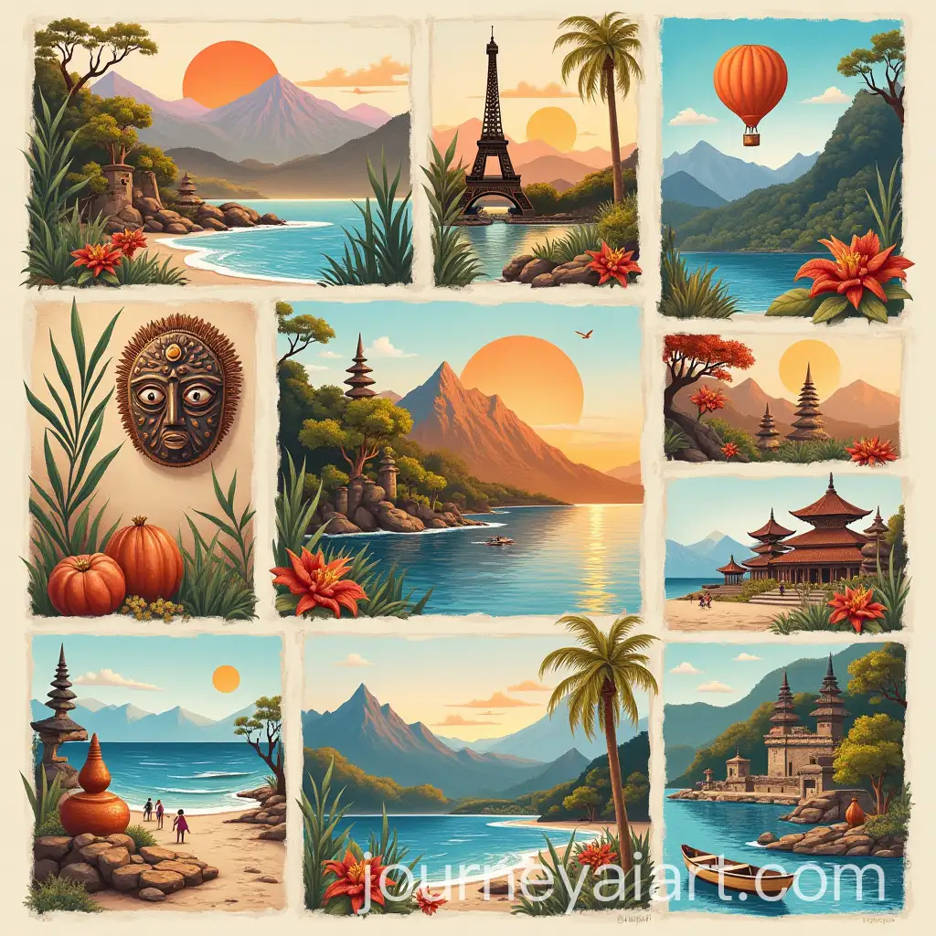 Global-Art-Collage-Watercolor-Eiffel-Tower-Kenyan-Tribal-Mask-Greek-Pottery-and-Japanese-Origami