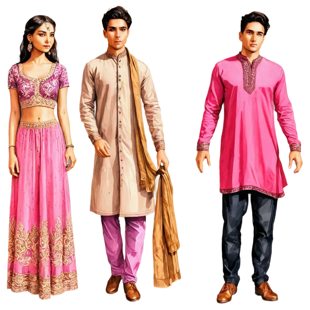 PNG-Fashion-Sketch-Indian-Ethnic-Clothes-in-Pink-for-Men-and-Women