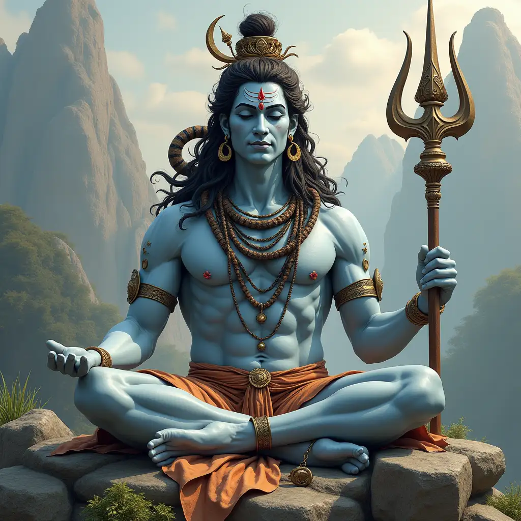 Create a detailed image of Mahadev, Lord Shiva, in a meditative pose with a serene, empty face (no eyes or mouth). His skin has a light blue, ash-textured tone with soft shadows to add depth. He wears a richly detailed tiger skin cloth, and a crescent moon rests in his matted hair, with natural shading that emphasizes texture. A snake coils around his neck, and he holds an intricately designed trident that symbolizes his power. Add shadows and highlights to bring out each feature, with a background containing detailed natural elements, such as rocks, mountains, and plants, reflecting his connection to the universe