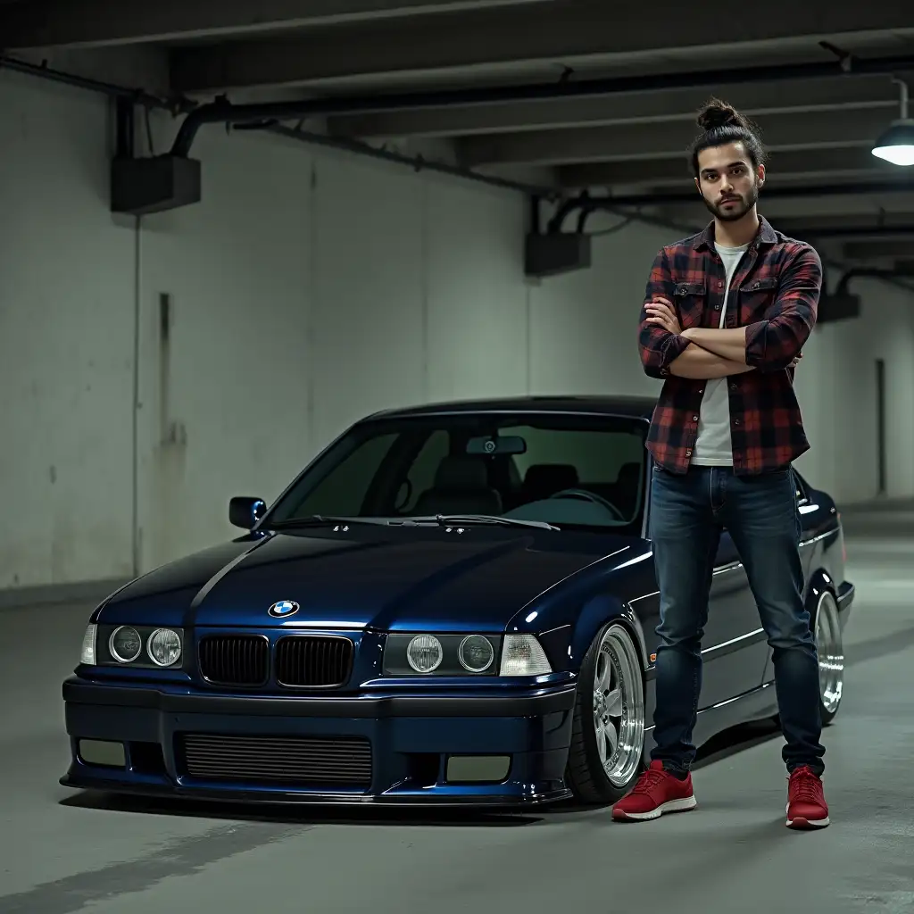 Modified-BMW-E36-in-Underground-Garage-with-Indonesian-Man-in-Plaid-Shirt