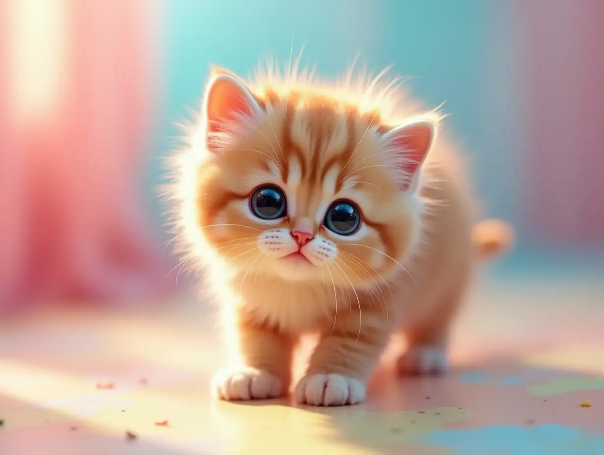 Create a high-definition image of a cute furry cat with a similar appearance as before, but this time the cat should be standing as if it's curiously getting into something. The cat should have soft, fluffy fur and bright, expressive eyes that convey curiosity. The background should be vibrant and colorful, featuring a mix of pastel shades like pink, blue, and yellow, creating a cheerful atmosphere. The lighting should be soft and warm, enhancing the overall playful vibe of the scene. The image should be in 8K resolution for exceptional detail.